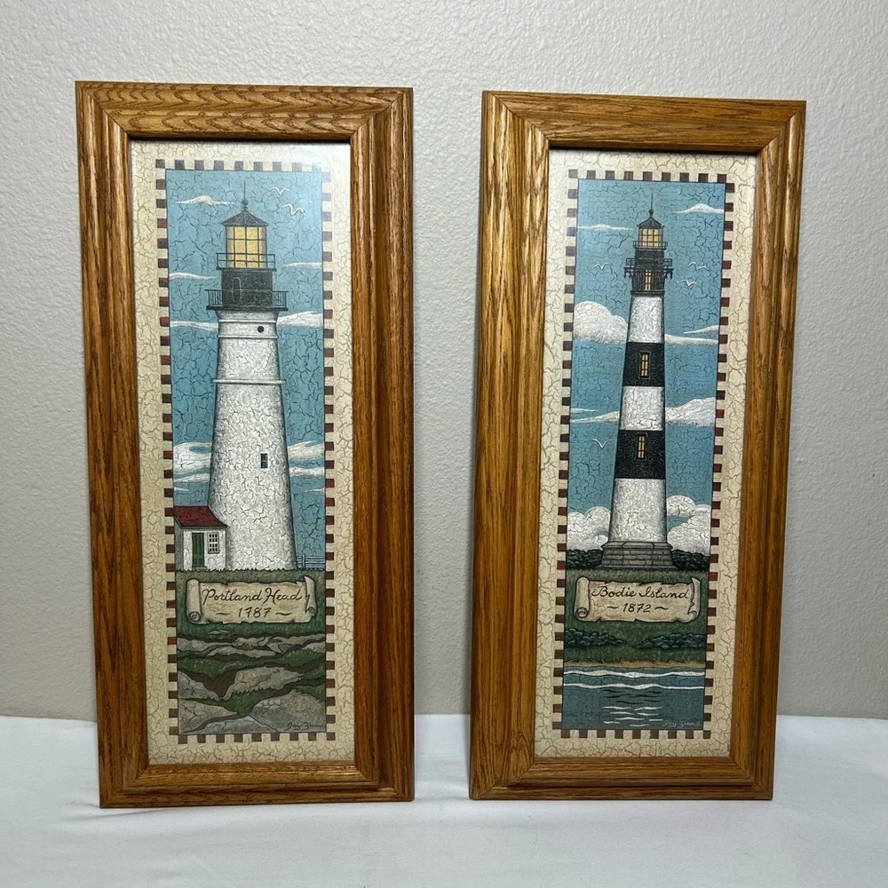 2 VTG Jay Zinn Crinkled Bodie Island -Portland Head Lighthouse Prints Wood Frame